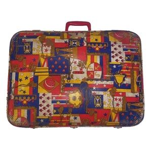 Vintage 60s Hard Shell Suitcase Flag Print Carry-On Luggage 24” x 18” x 6” RARE